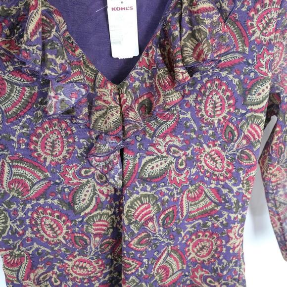 NEW Chaps Womens Sheer 3/4 Sleeve Ruffled V Neck Abstract Blouse PL - Picture 3 of 7